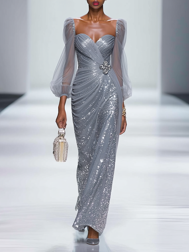 Silver Gray Buckle Sequin Sweetheart Neckline Long Sleeve Sheath Maxi Dress