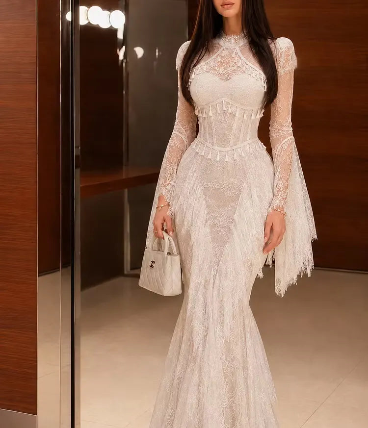 Cocoslly Long Sleeves High Waist Long Mermaid Prom Dress With Ruffles | White Lace JZ0164