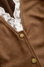 Romantic Western Style Lace Sleeves Brown Suede Shirt