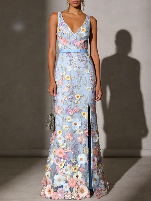 Light Blue Floral Embroidered Classic V Neck Sleeveless A-Line Floor-length Gown Dress