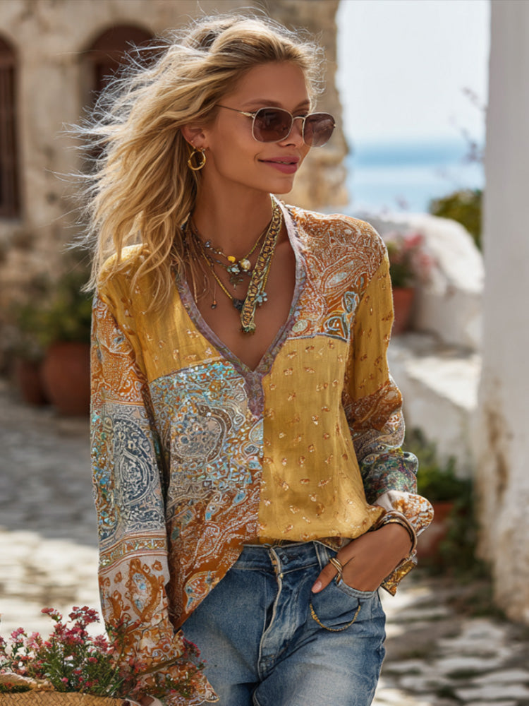 Women's Retro Paisley Floral Spliced V-neck Long Sleeve T-shirt