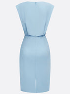Light Blue Ruched Cut Out Classic Crew Neck Cap Sleeve Sheath Midi Dress