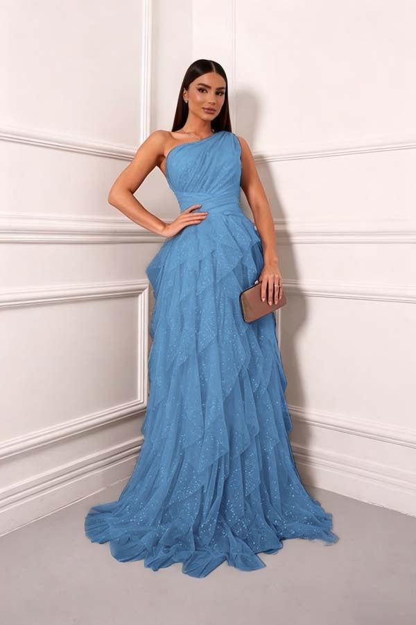 Cocoslly One Shoudler Sleeveless High Waist Long Prom Dress With Ruffles | Forest Green Tulle ZT0560