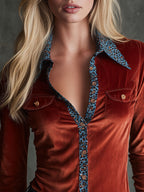 Vintage Blue Leopard Print Trim Rust Red Long-sleeved Velvet Shirt