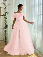 Tulle Off-The-Shoulder Strapless Sleeveless Long Pleated A-Line Prom Dress With Flower Appliques And Split YK0615