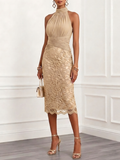 Champagne Ruched Lace Jacquard Classic Halter Neck Sleeveless H-Line Midi Dress
