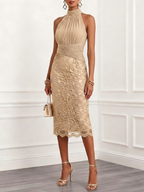 Champagne Ruched Lace Jacquard Classic Halter Neck Sleeveless H-Line Midi Dress