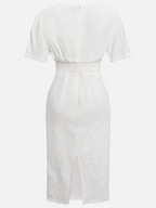 White Rayon Hollow Out Plaid Classic V Neck Short Sleeve Sheath Midi Dress