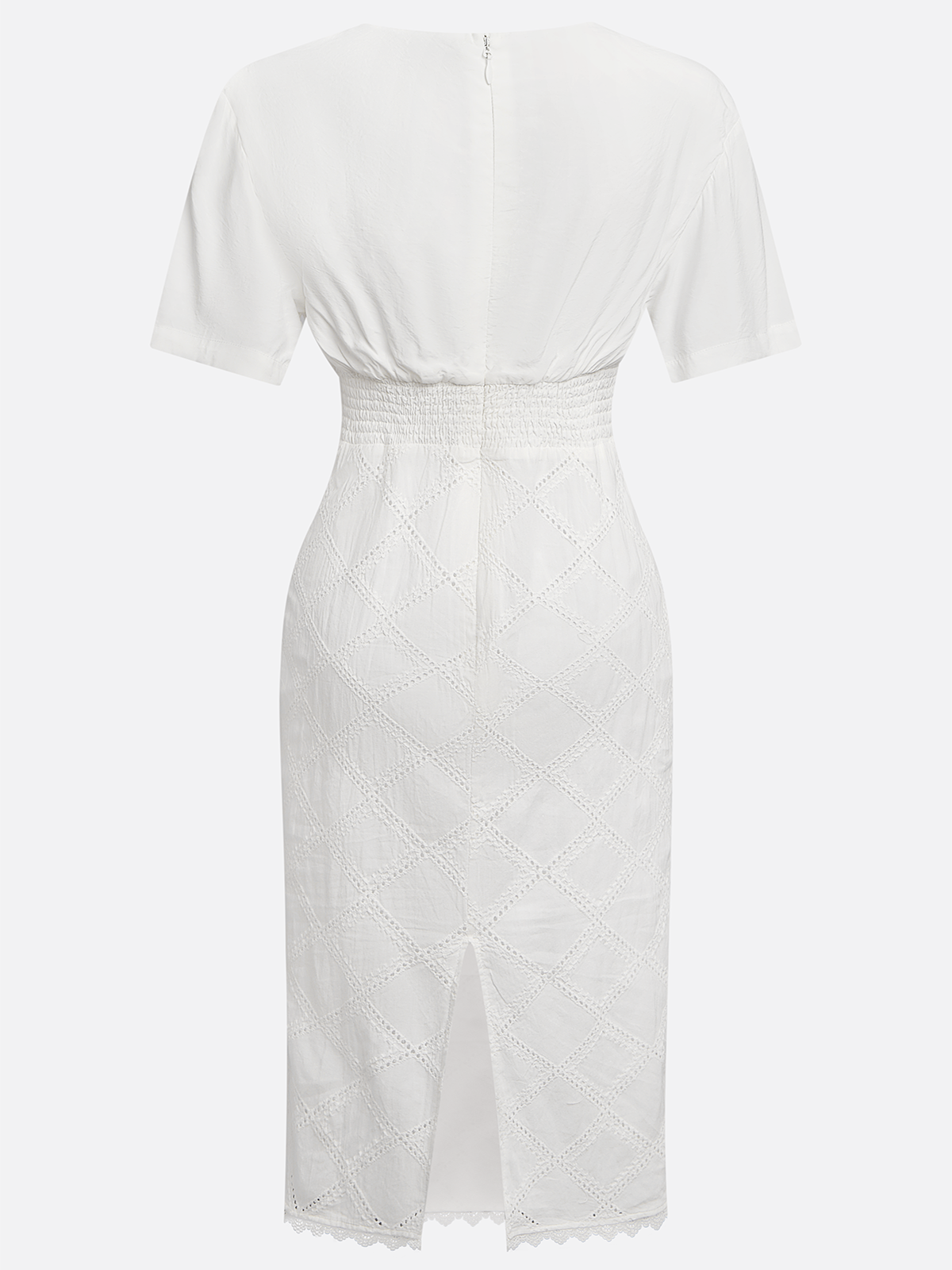 White Rayon Hollow Out Plaid Classic V Neck Short Sleeve Sheath Midi Dress