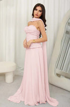 Cocoslly Strapless Sleeveless High Waist Long Prom Dress With Rhinstone And Scarf | Lilac Chiffon JZ0099