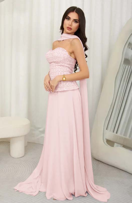 Cocoslly Strapless Sleeveless High Waist Long Prom Dress With Rhinstone And Scarf | Lilac Chiffon JZ0099