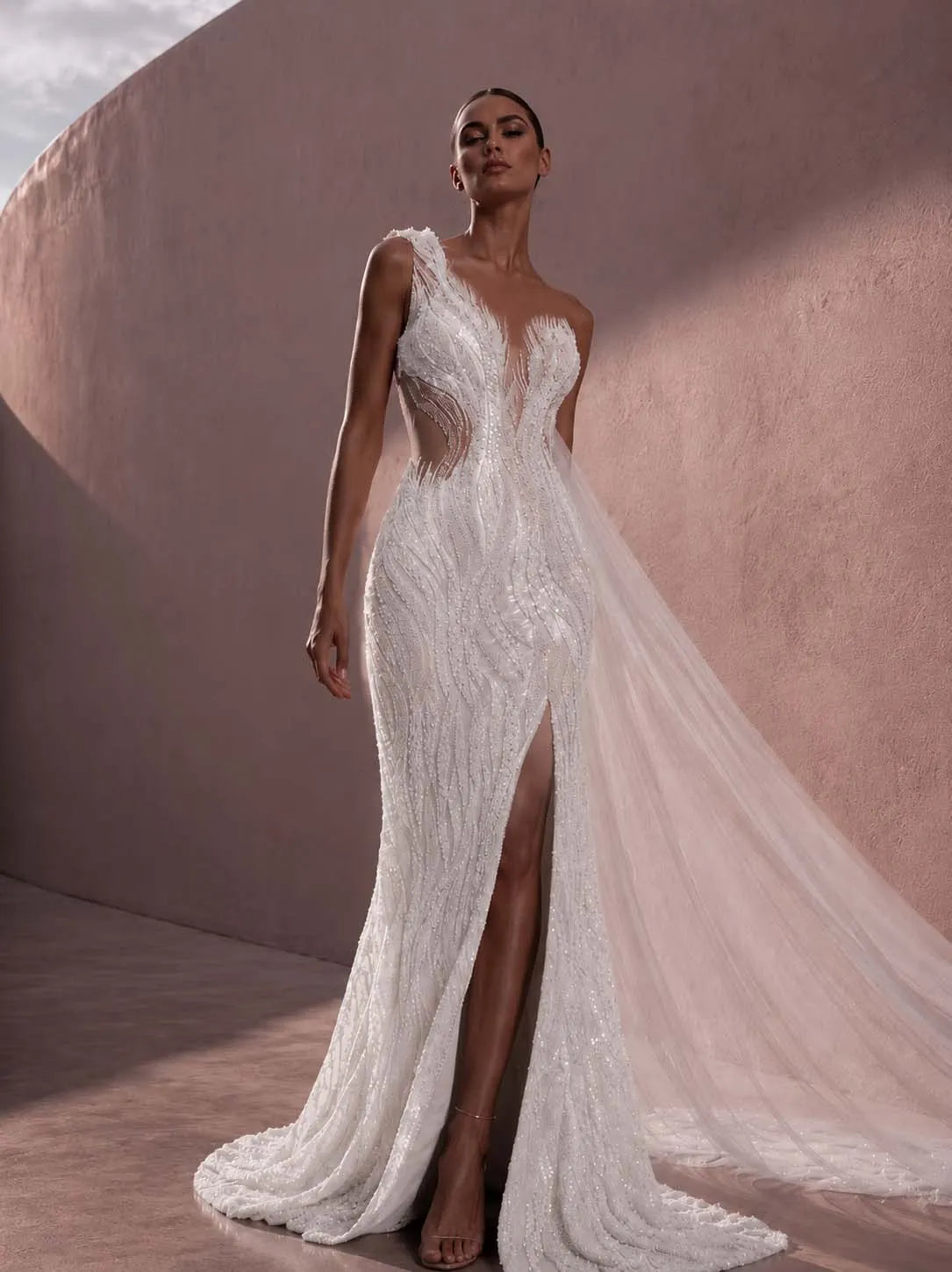 Cocoslly One Shoulder Sleeveless High Waist Long Split Prom Dress With Beading Pearls | Dusty Rose Tulle LX0088