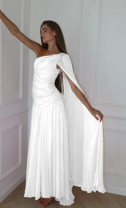 Cocoslly One Shoulder Sleeveless High Waist Long Prom Dress With Sequins | Pink Chiffon JZ0098