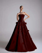 Satin Strapless Sleeveless Long A-Line Prom Dress With Flower Appliqués And Beadings YK0682