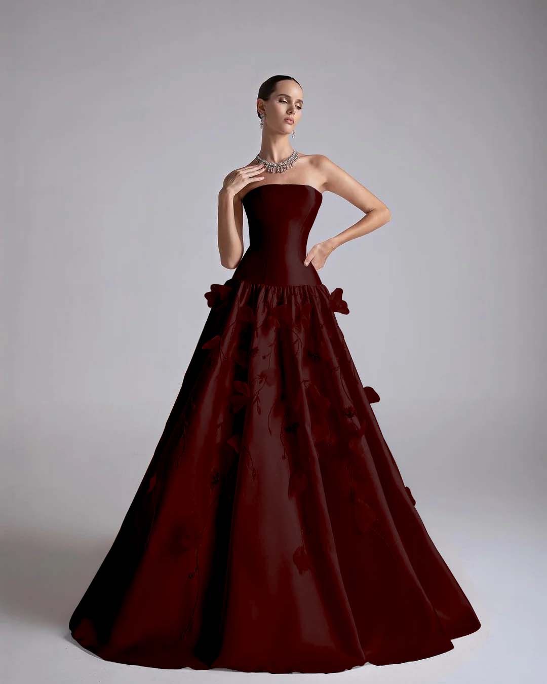 Satin Strapless Sleeveless Long A-Line Prom Dress With Flower Appliqués And Beadings YK0682