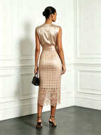 Women Champagne Lace Crew Neck Sleeveless Elegant Top With Skirt Two-Piece Set