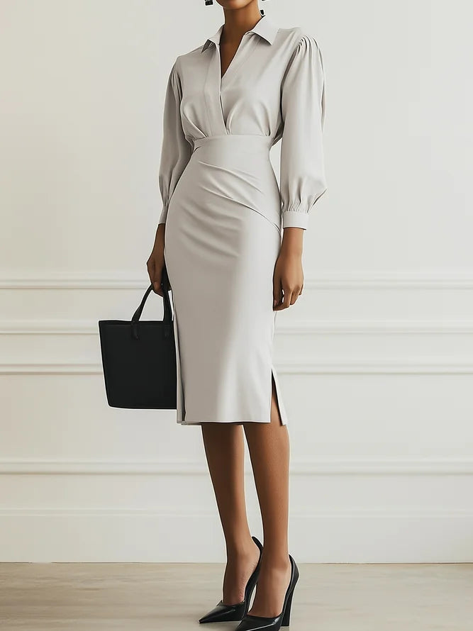 Women Light Gray Ruched Shirt Collar Long Sleeve Dressy Top With Skirt Two-Piece Set