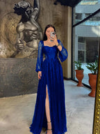 Lace Square Neck  Lantern Long Sleeves Long A-Line Pleated Prom Dress With Split And Corset YK0413