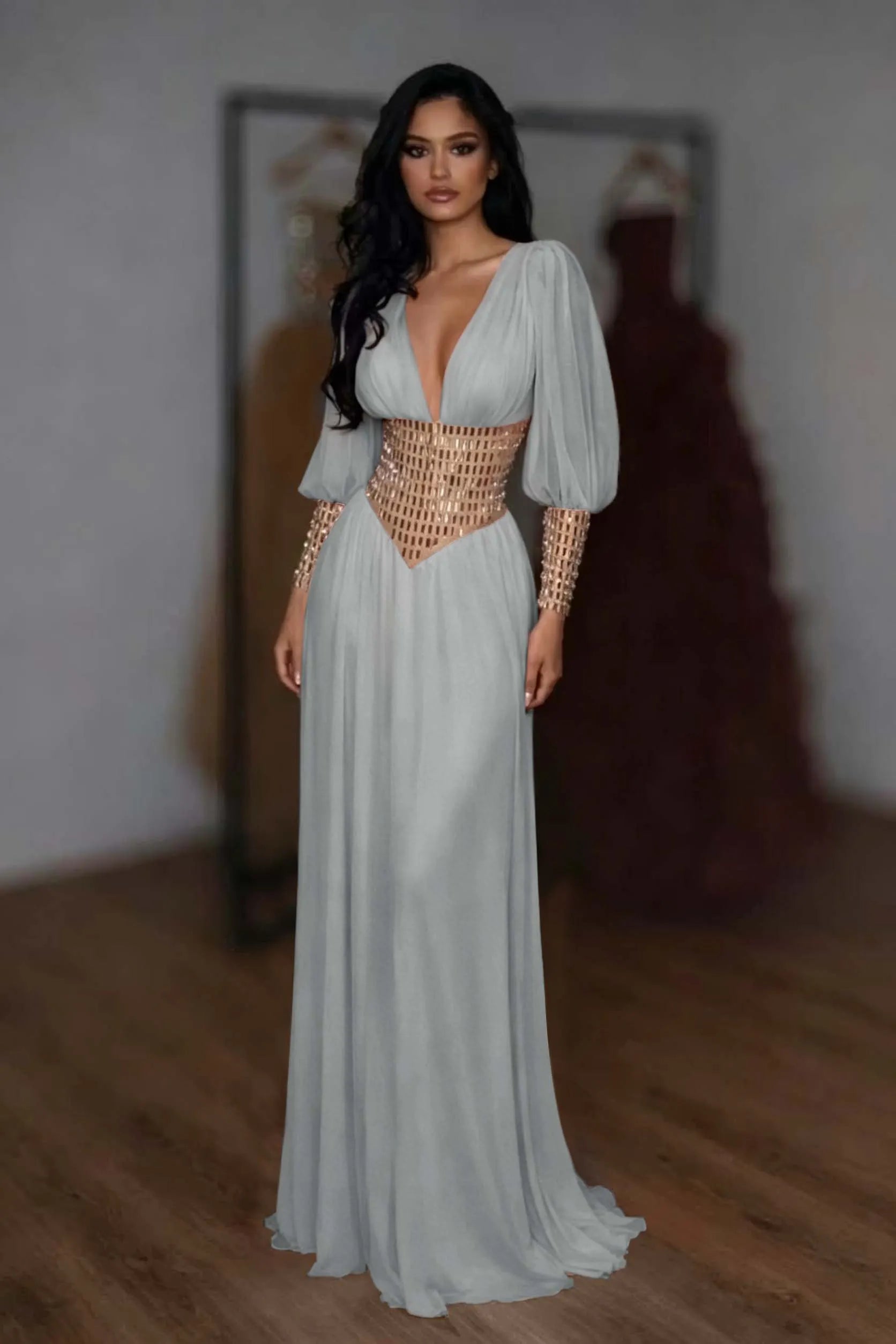 Cocoslly V-Neck Long Sleeves High Waist Long Prom Dress With Rhinstone | White Chiffon LR0373