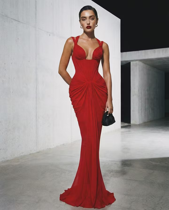 Cocoslly Spaghetti Straps Sleeveless High Waist Long Mermaid Prom Dress With Pleated | Red Satin LX0112