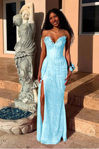 Red Strapless Sleeveless Long Mermaid Prom Dress With Sequins Split XJ0657