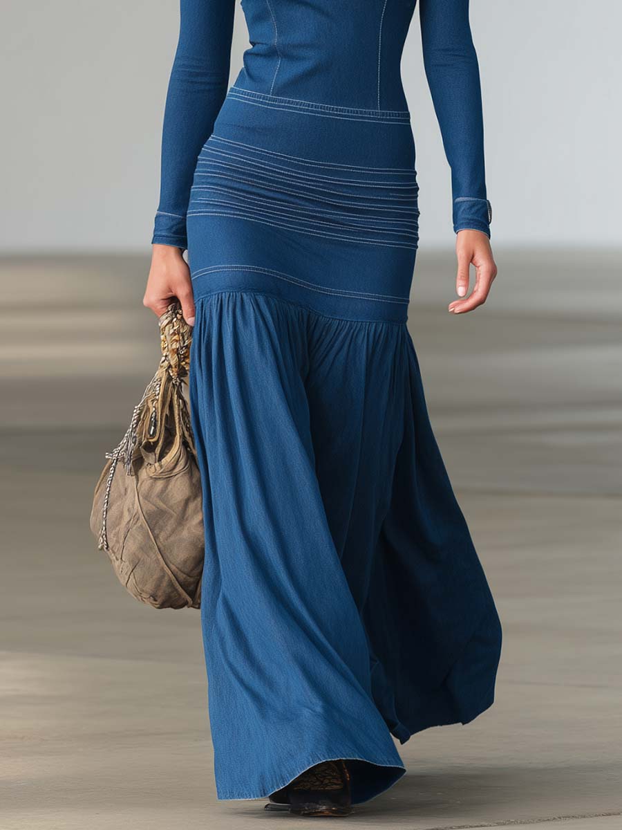 Women鈥檚 Structured Denim Zip Front Long Sleeve Maxi Dress