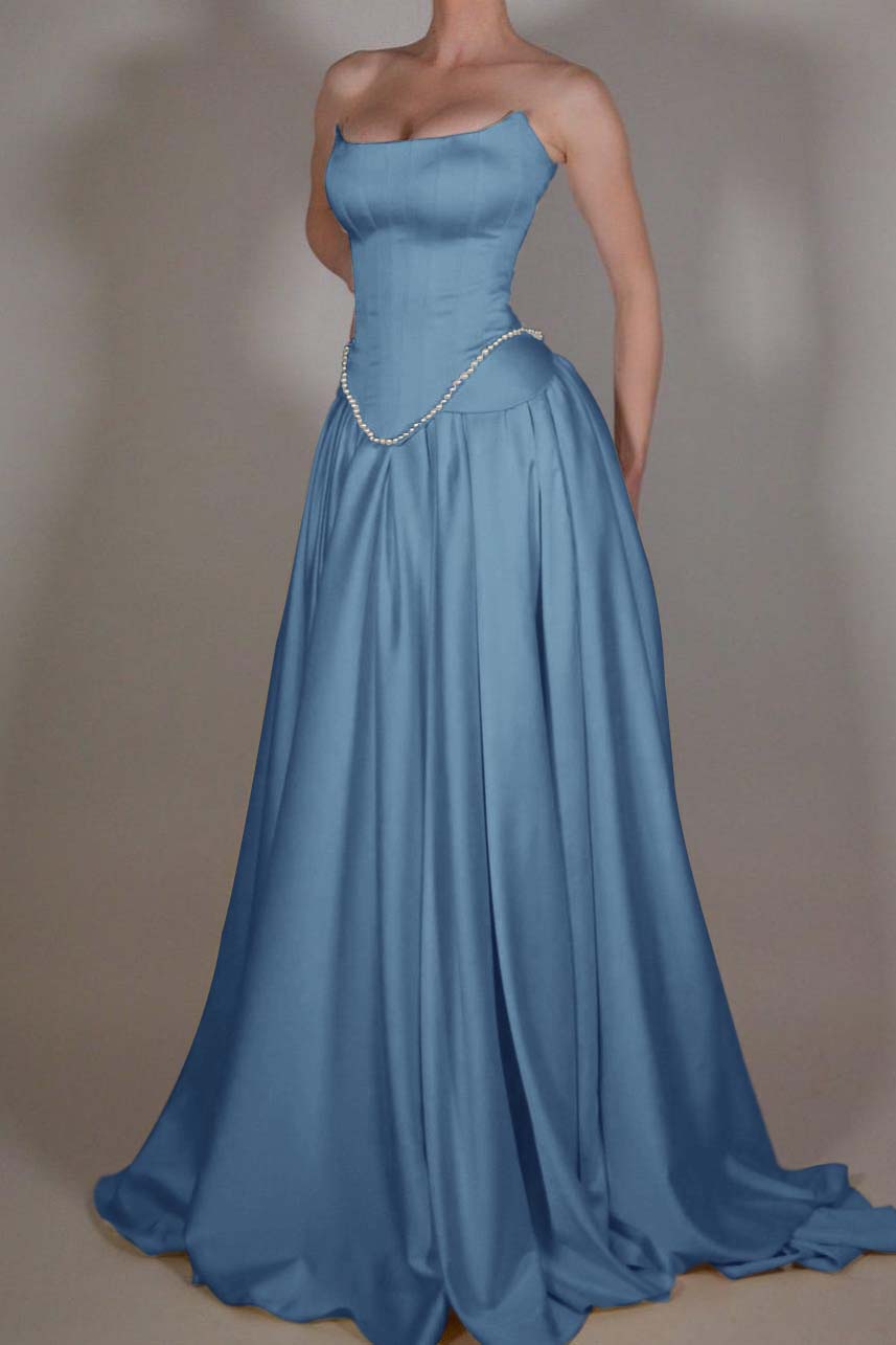 Cocoslly Strapless Sleeveless Long A Line Prom Dress With Pleated Beading
