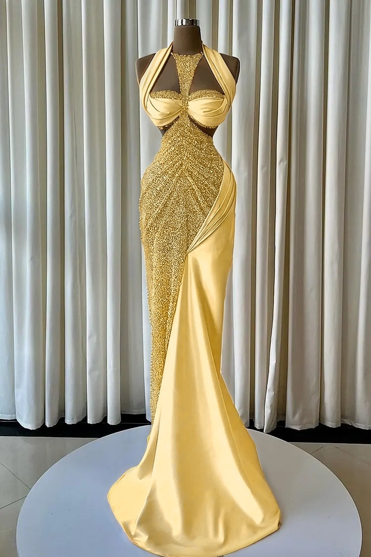 Cocoslly Halter Sleeveless High Waist Long Mermaid Prom Dress With Beading Pearls | Blush Champagne Satin JZ0163