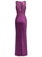 Purple Embroidery Satin Crew Neck Sleeveless Sheath Gown Dress