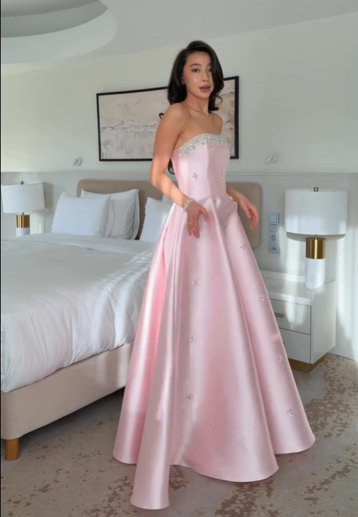 Cocoslly Strapless Sleeveless Long A-Line Prom Dress With Sequins Beadings | Pink Satin CO0058