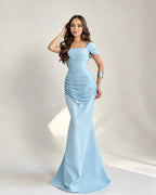 Cocoslly Square Neck Sleeveless High Waist Long Mermaid Prom Dress With Pleated | Burgundy Satin DB0128