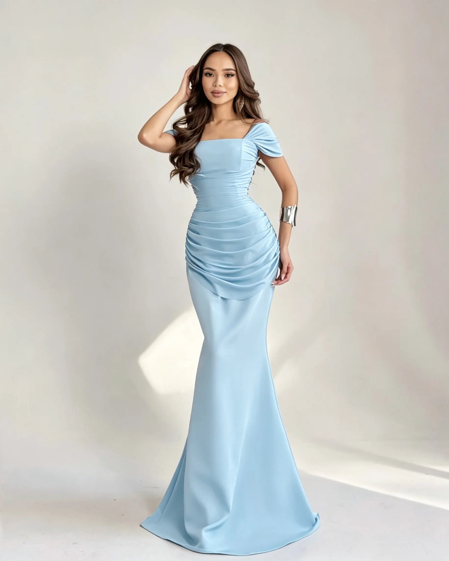 Cocoslly Square Neck Sleeveless High Waist Long Mermaid Prom Dress With Pleated | Burgundy Satin DB0128