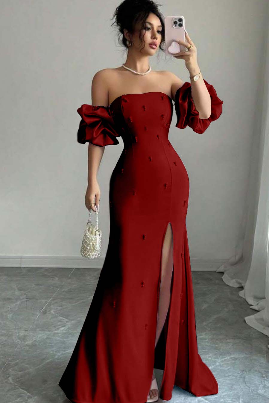 Strapless Bubble Sleeves Long Split Prom Dress With Beading WQ0027