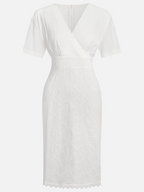 White Rayon Hollow Out Plaid Classic V Neck Short Sleeve Sheath Midi Dress