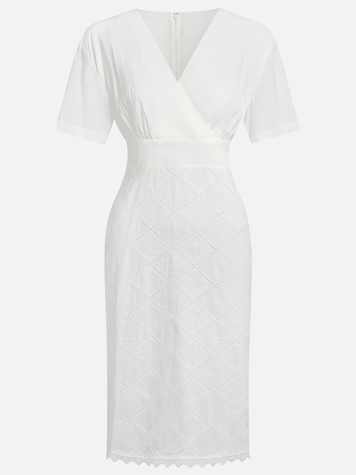 White Rayon Hollow Out Plaid Classic V Neck Short Sleeve Sheath Midi Dress