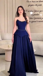 Cocoslly Strapless Sleeveless High Waist Long A Line Prom Dress With Beading Pearls | Navy Blue Satin CO0224