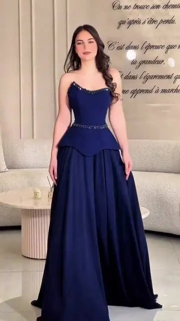 Cocoslly Strapless Sleeveless High Waist Long A Line Prom Dress With Beading Pearls | Navy Blue Satin CO0224
