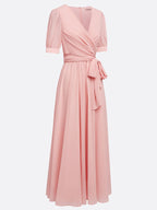 Pink Ruched Bow Chiffon V Neck Short Sleeve Sheath Maxi Dress