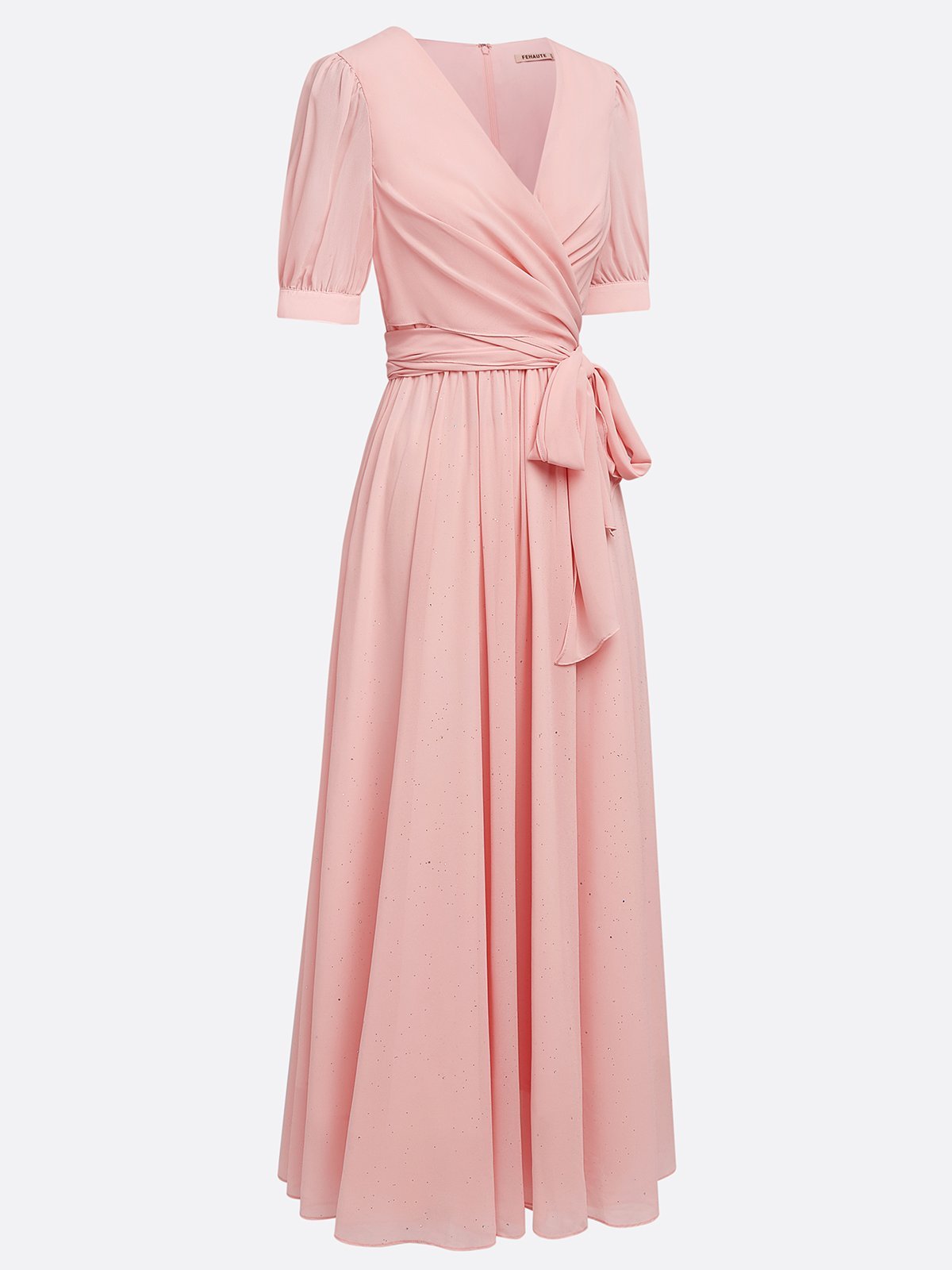 Pink Ruched Bow Chiffon V Neck Short Sleeve Sheath Maxi Dress