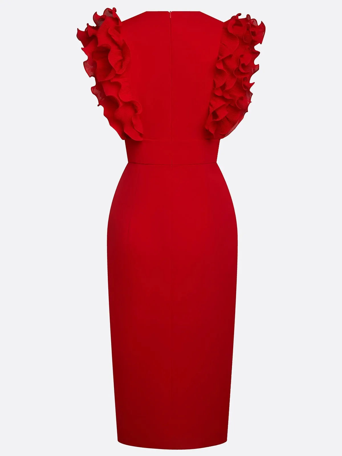 Red Peplum Classic V Neck Sleeveless Sheath Midi Dress