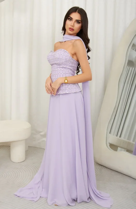 Cocoslly Strapless Sleeveless High Waist Long Prom Dress With Rhinstone And Scarf | Lilac Chiffon JZ0099