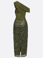 Olive Green Glitter Sequin Asymmetrical Sleeveless Sheath Maxi Dress