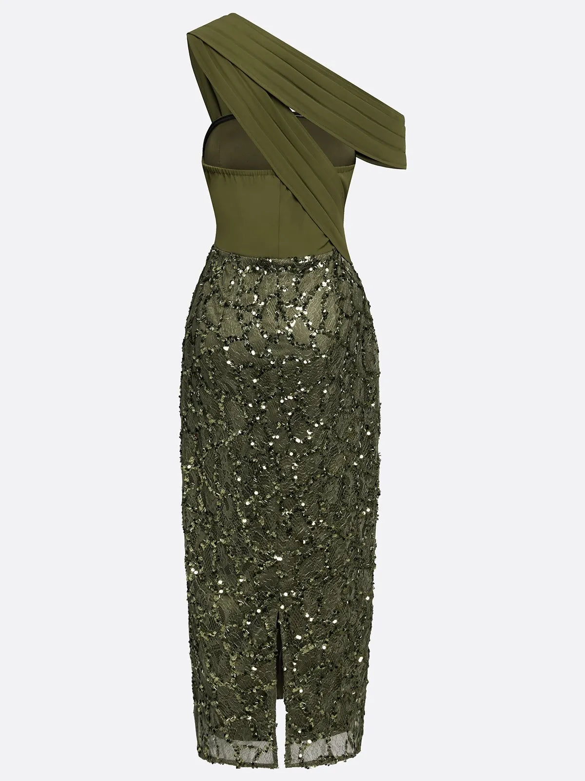 Olive Green Glitter Sequin Asymmetrical Sleeveless Sheath Maxi Dress