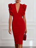Red Peplum Classic V Neck Sleeveless Sheath Midi Dress
