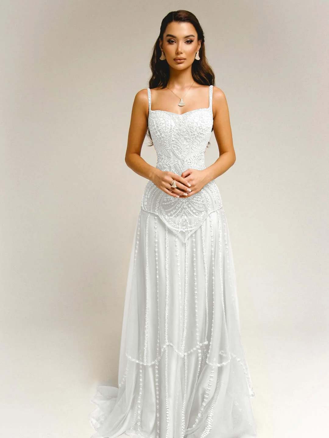 Tulle Square Neck Spaghetti Straps Strapless Sleeveless Long A-Line Prom Dress With Beadings YK0789