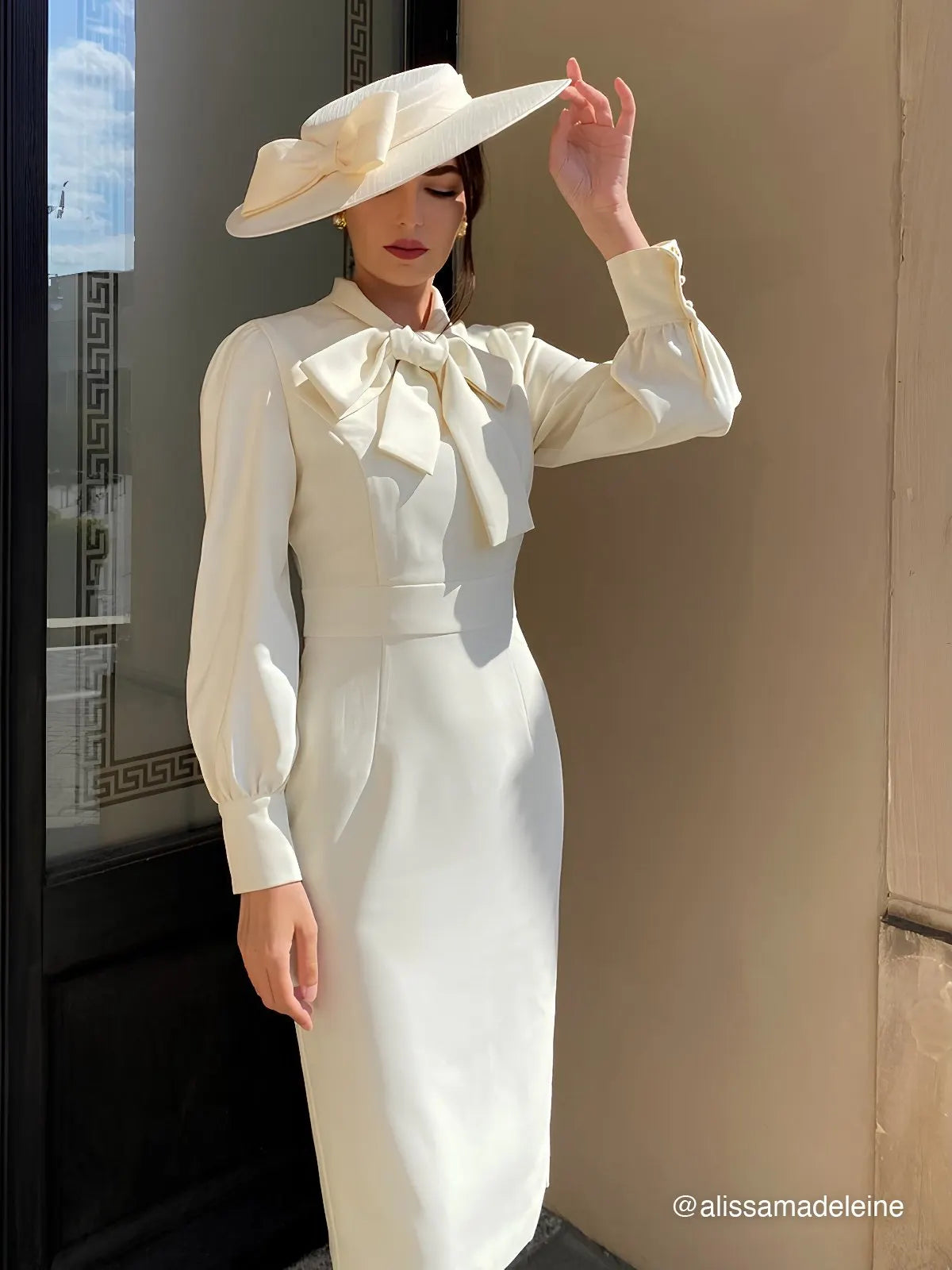 Off White Bow Classic Crew Neck Long Sleeve Sheath Midi Dress
