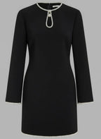 Black Faux Pearl Cut Out Classic Crew Neck Long Sleeve Sheath Mini Dress