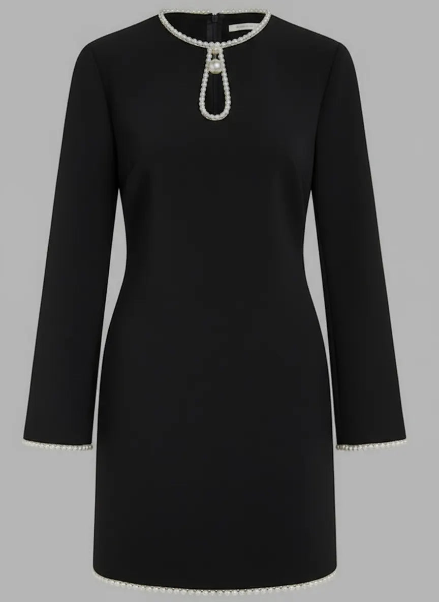 Black Faux Pearl Cut Out Classic Crew Neck Long Sleeve Sheath Mini Dress