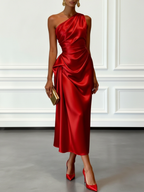 Champagne Ruched Satin One Shoulder Sleeveless Sheath Midi Dress