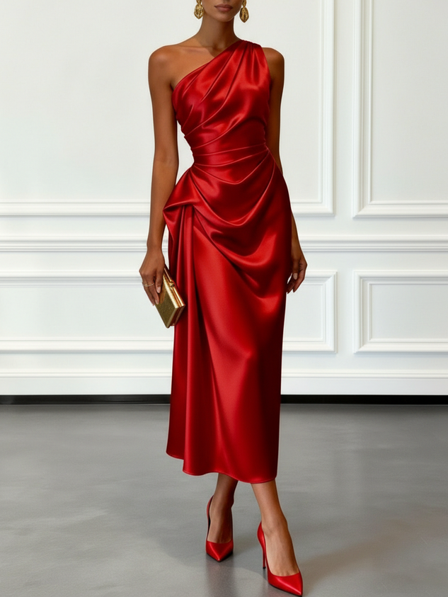 Champagne Ruched Satin One Shoulder Sleeveless Sheath Midi Dress